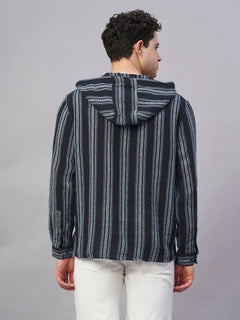 Men’s Cotton Regular Fit Hooded Stripe Shirt Navy