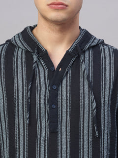 Men’s Cotton Regular Fit Hooded Stripe Shirt Navy