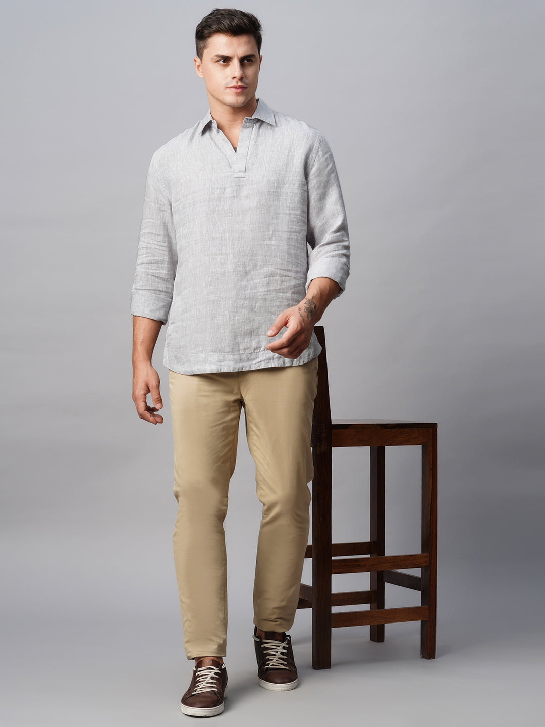 Men's Grey 100% Linen Kurta Shirt