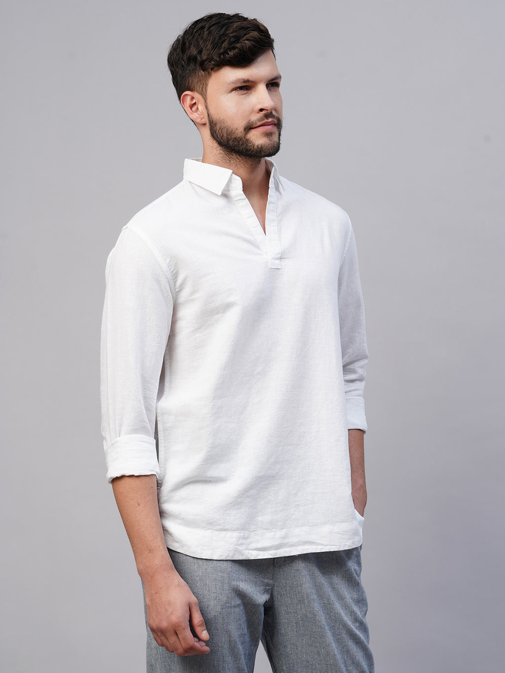 Men's White 100% Linen Regular Fit Kurta Shirt