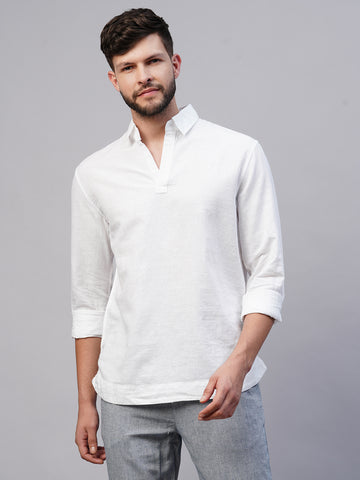 Men's White 100% Linen Regular Fit Kurta Shirt