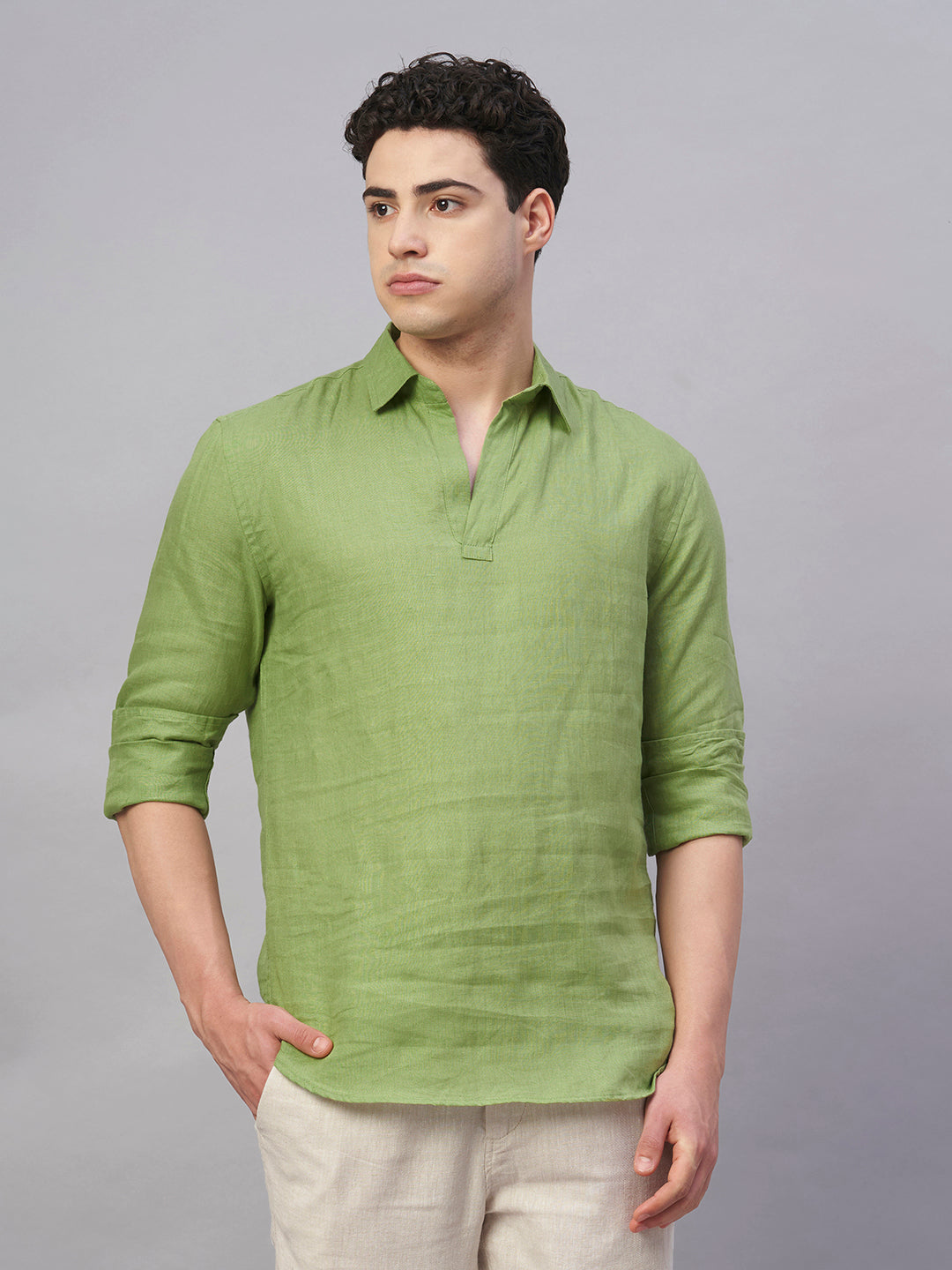 Men's Olive 100% Linen Regular Fit Shirt
