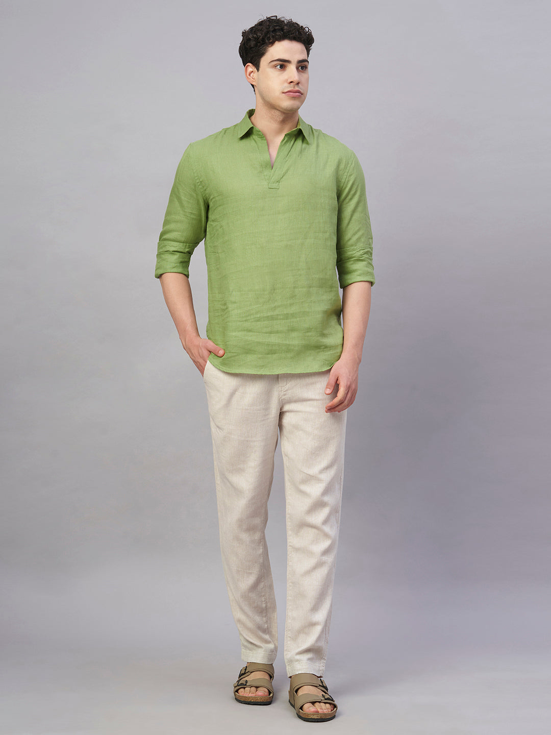 Men's Olive 100% Linen Regular Fit Shirt