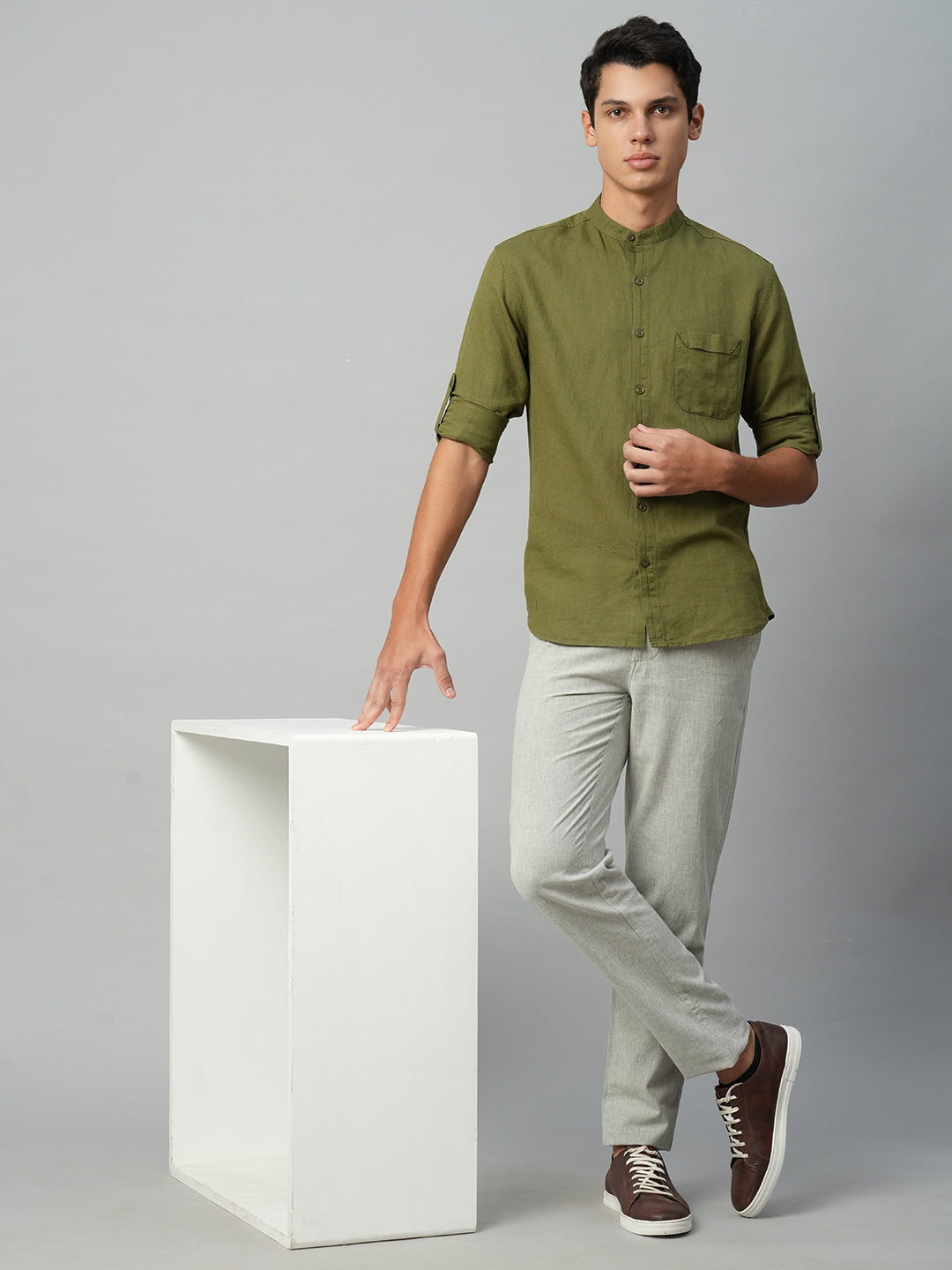 Men's Linen Cotton Olive Regular Fit Shirt