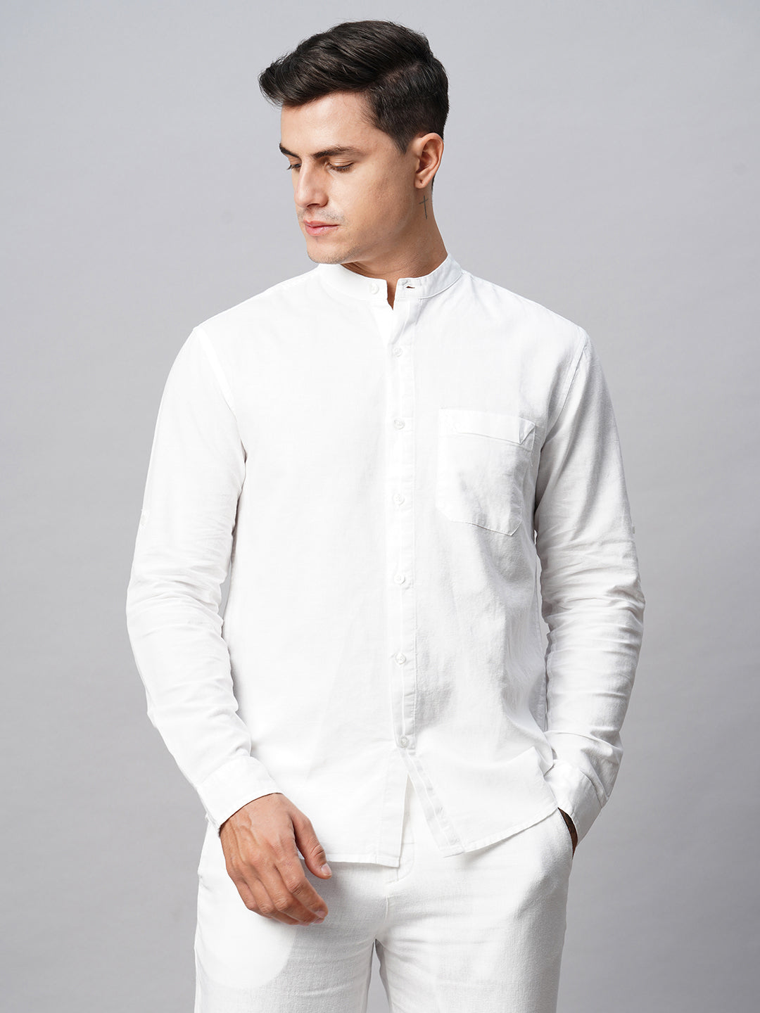 Men's White Cotton Linen Regular Fit Shirt