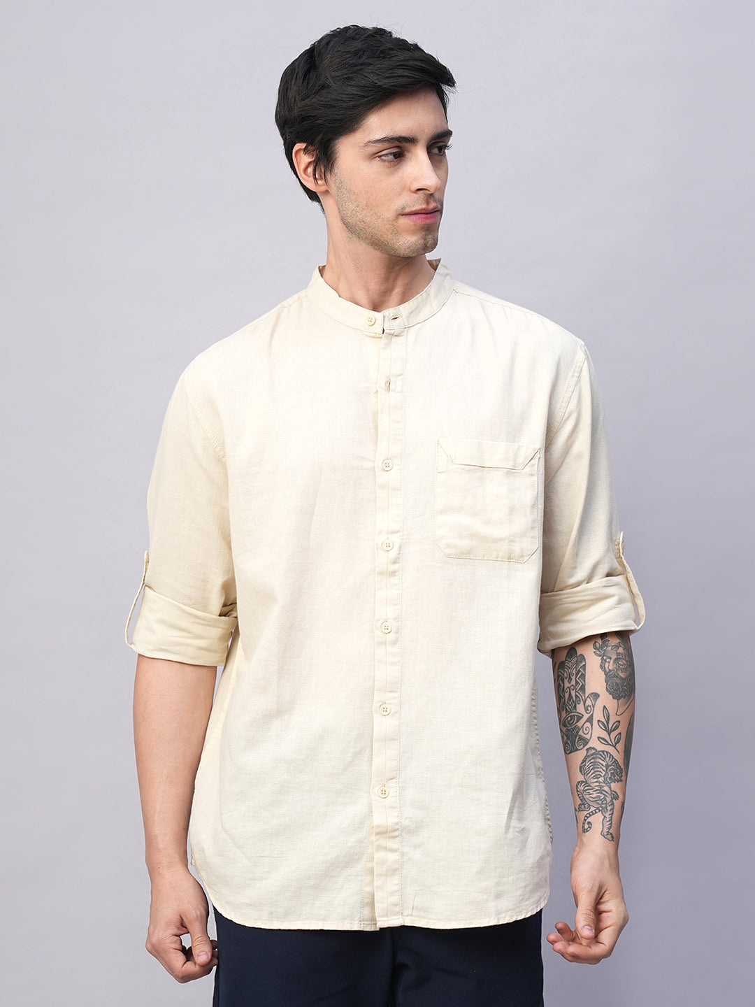 Men's Natural Cotton Linen Band Collar Regular Fit Shirt