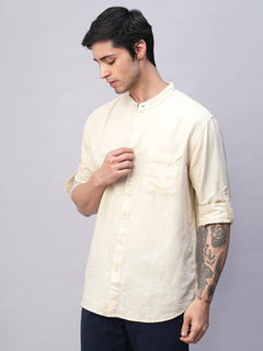 Men's Natural Cotton Linen Band Collar Regular Fit Shirt