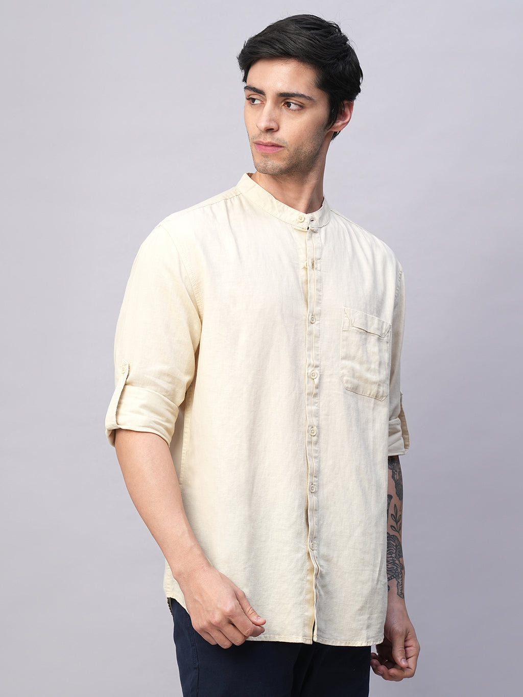 Men's Natural Cotton Linen Band Collar Regular Fit Shirt