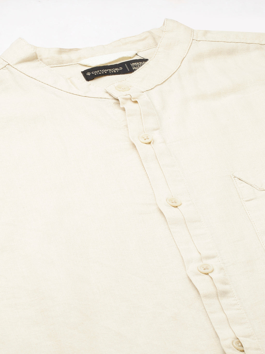 Men's Natural Cotton Linen Band Collar Regular Fit Shirt