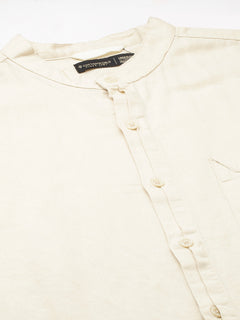 Men's Natural Cotton Linen Band Collar Regular Fit Shirt