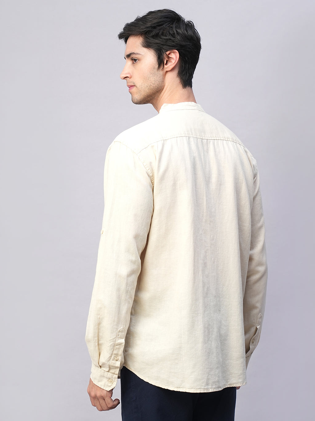 Men's Natural Cotton Linen Band Collar Regular Fit Shirt