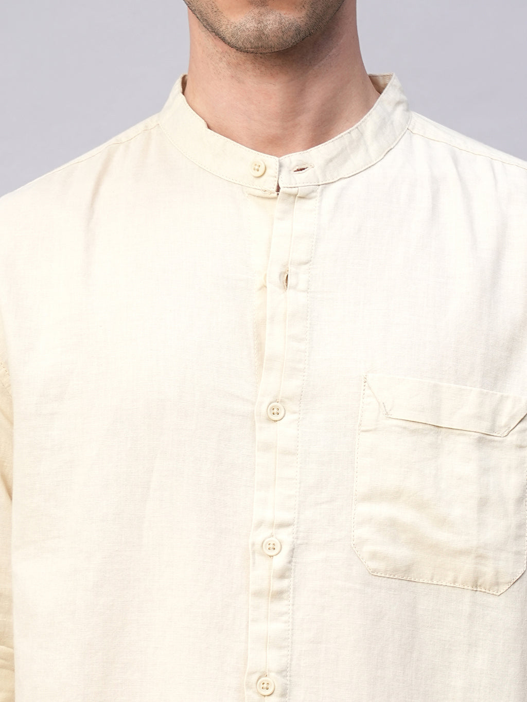 Men's Natural Cotton Linen Band Collar Regular Fit Shirt