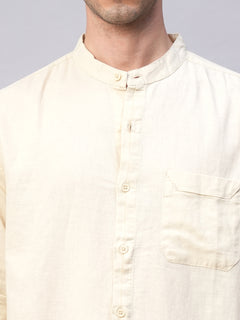 Men's Natural Cotton Linen Band Collar Regular Fit Shirt