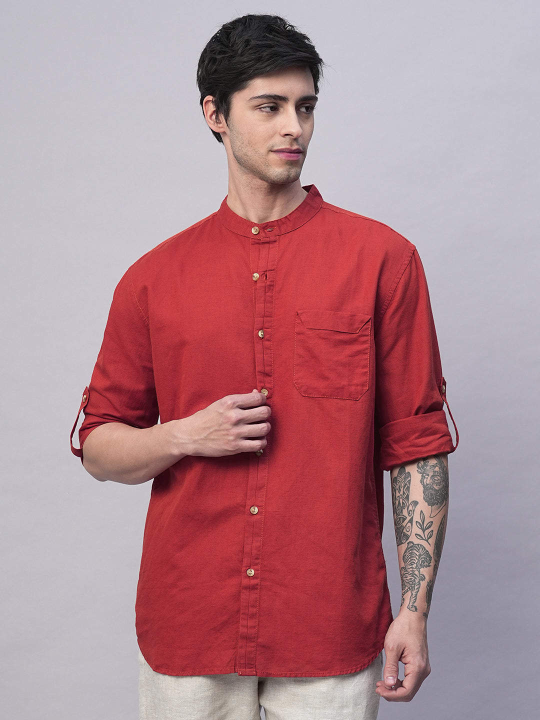 Men's Rust Cotton Linen Regular Fit Shirt