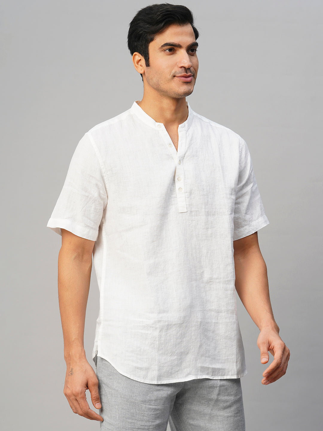 Men's White 100% Linen Slim Fit Kurta Shirt