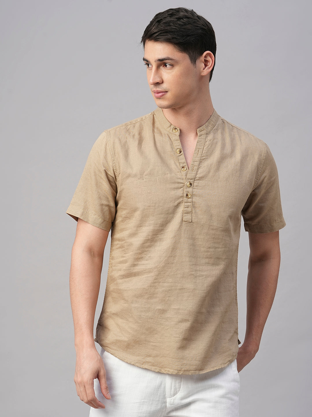 Men's Khaki Linen Cotton Slim Fit Shirt