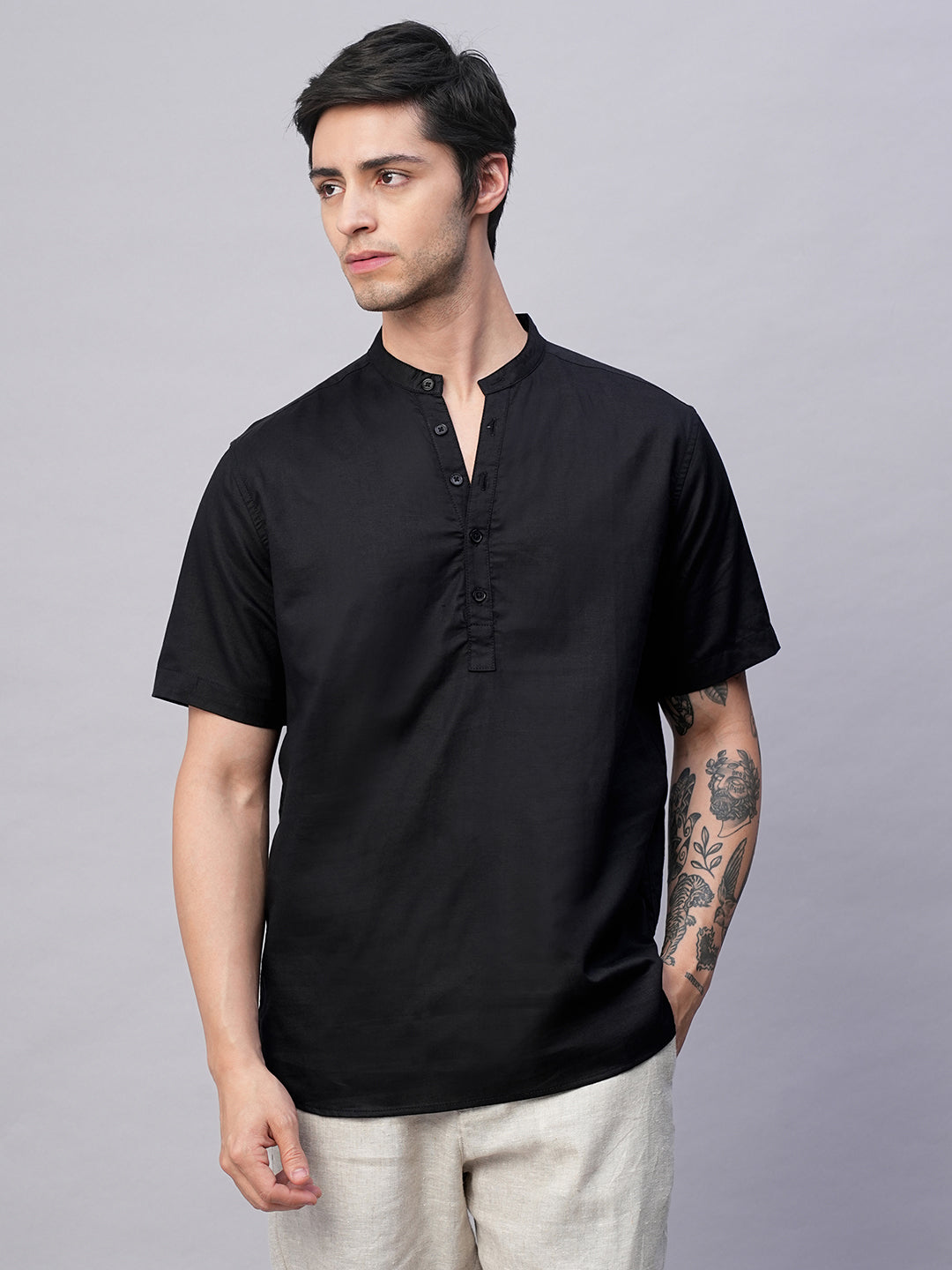 Men's Black Linen Cotton Slim Fit Band Collar Kurta Shirt