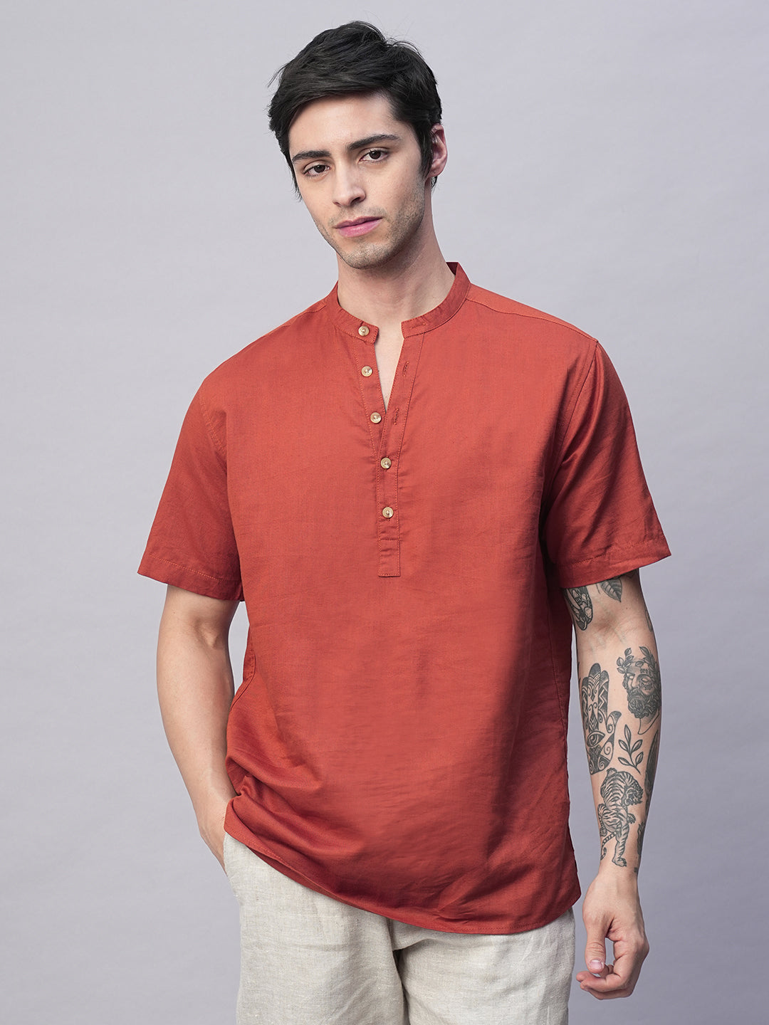 Men's Rust Linen Cotton Slim Fit Shirts