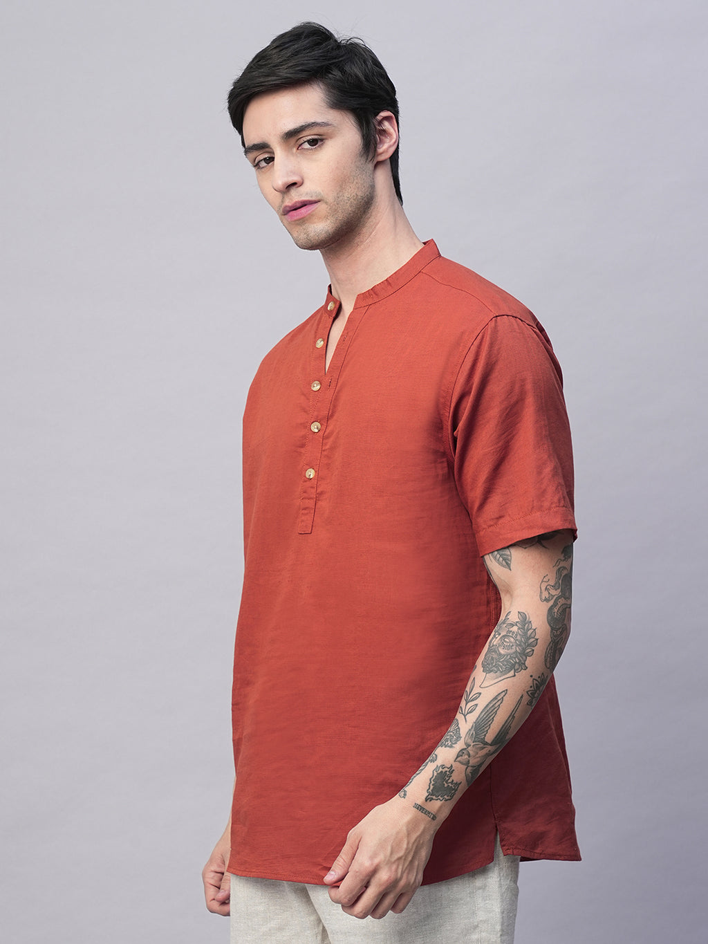 Men's Rust Linen Cotton Slim Fit Band Collar Kurta Shirt