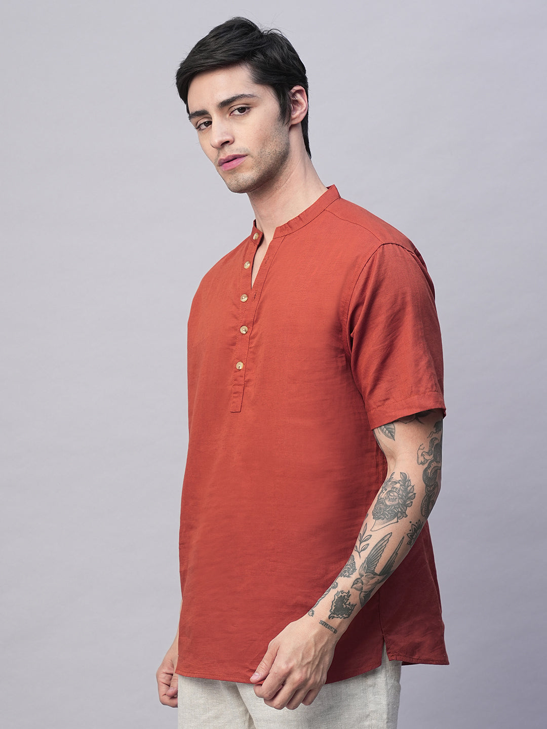 Men's Rust Linen Cotton Slim Fit Band Collar Kurta Shirt