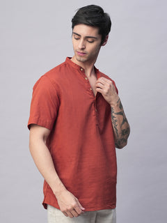 Men's Rust Linen Cotton Slim Fit Band Collar Kurta Shirt