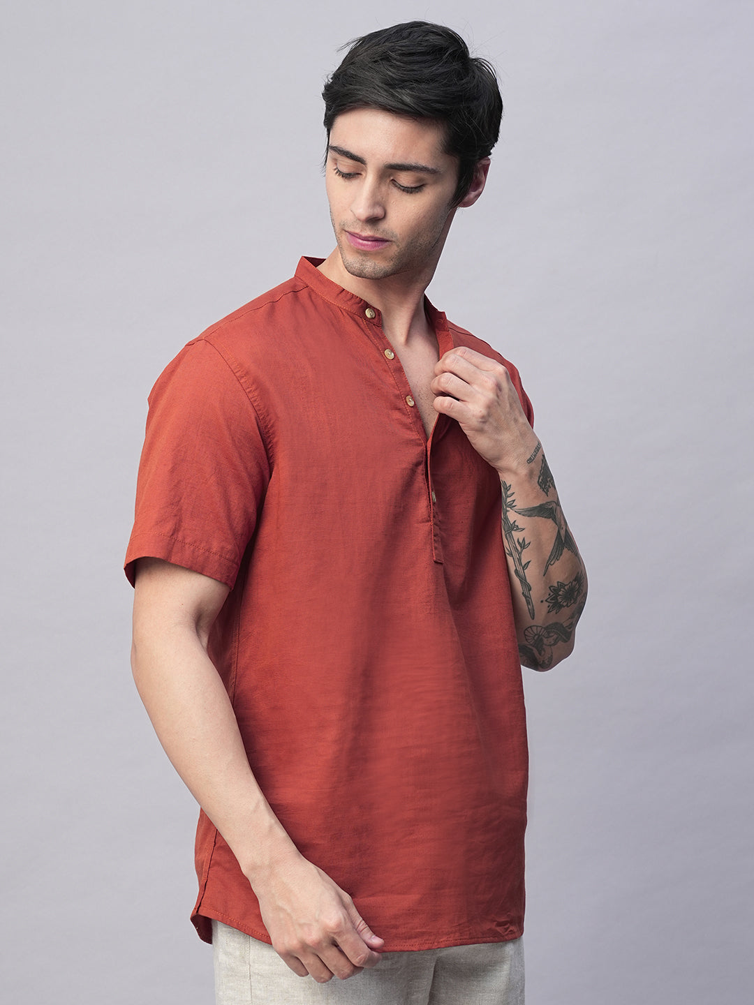 Men's Rust Linen Cotton Slim Fit Band Collar Kurta Shirt
