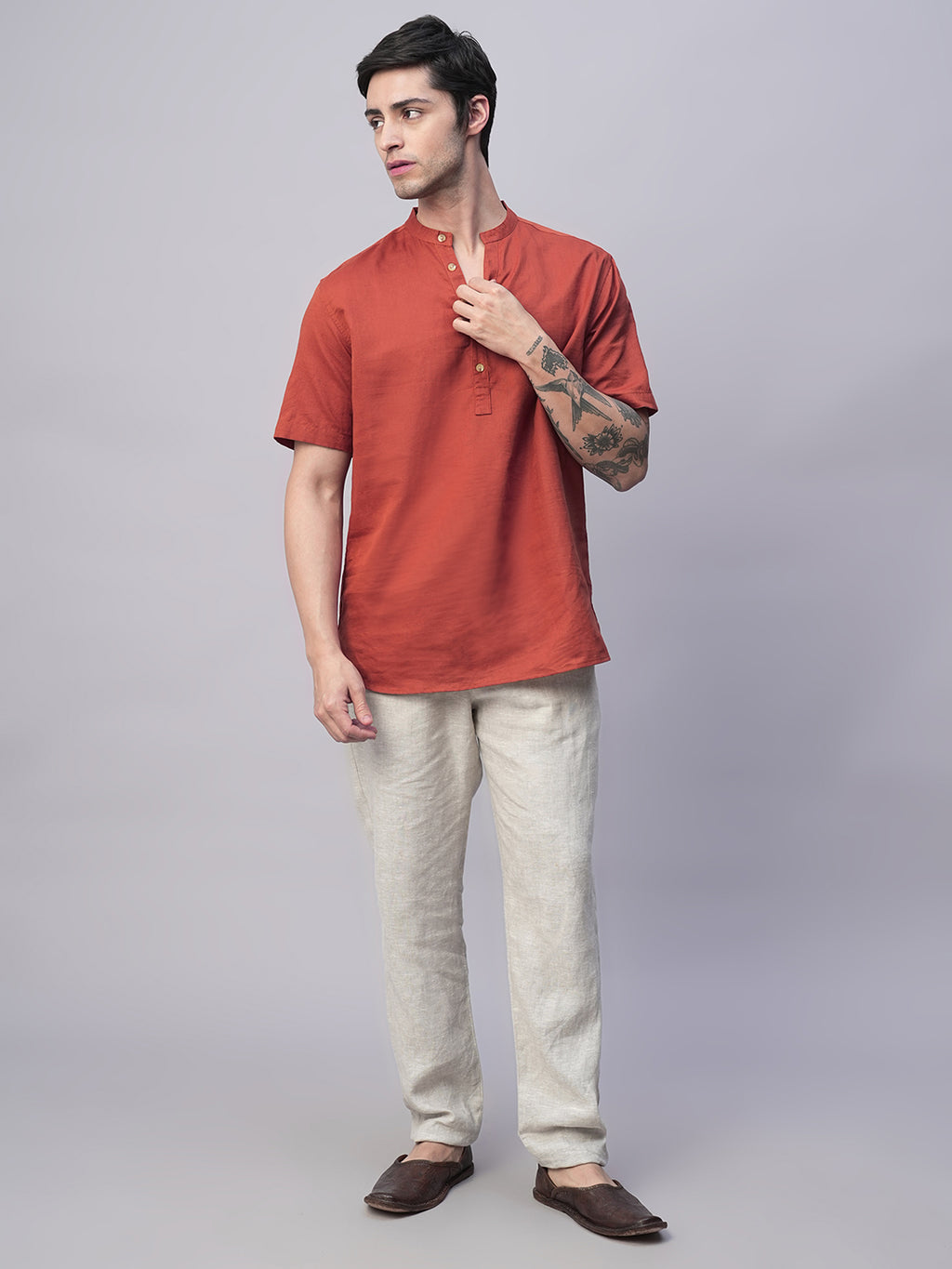 Men's Rust Linen Cotton Slim Fit Band Collar Kurta Shirt