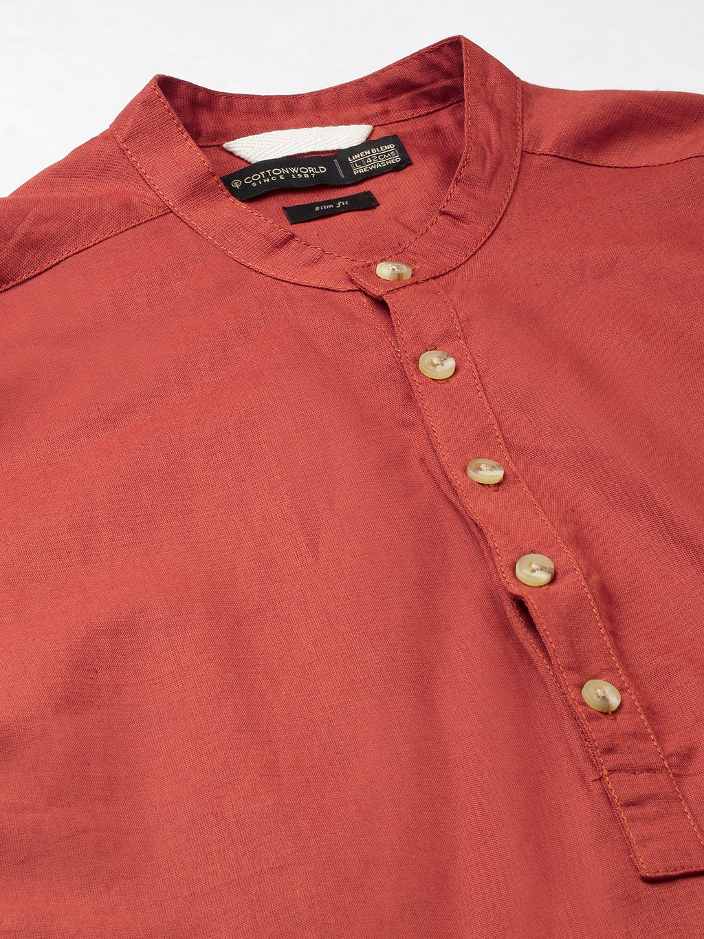 Men's Rust Linen Cotton Slim Fit Band Collar Kurta Shirt