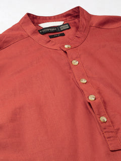 Men's Rust Linen Cotton Slim Fit Band Collar Kurta Shirt