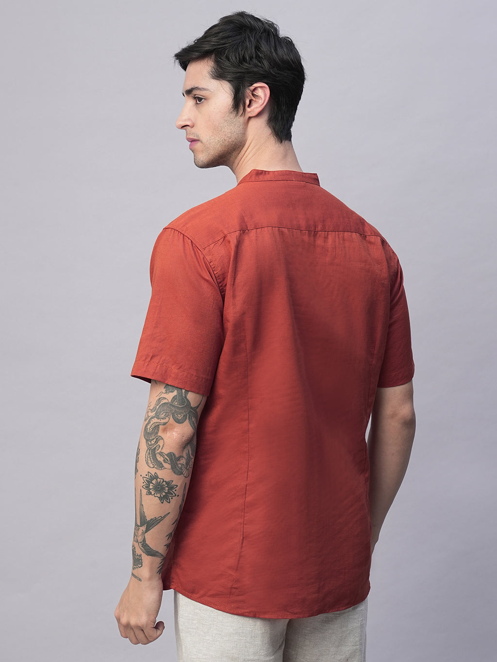 Men's Rust Linen Cotton Slim Fit Band Collar Kurta Shirt