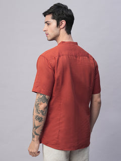 Men's Rust Linen Cotton Slim Fit Band Collar Kurta Shirt