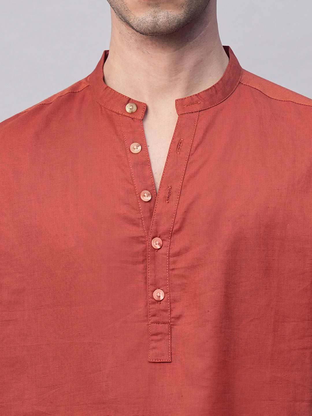 Men's Rust Linen Cotton Slim Fit Band Collar Kurta Shirt