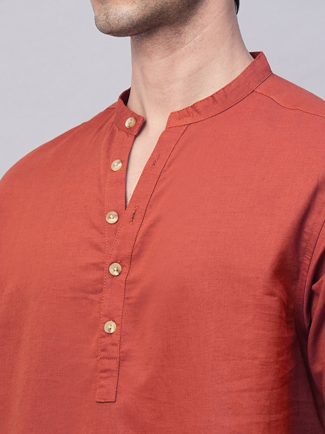Men's Rust Linen Cotton Slim Fit Band Collar Kurta Shirt