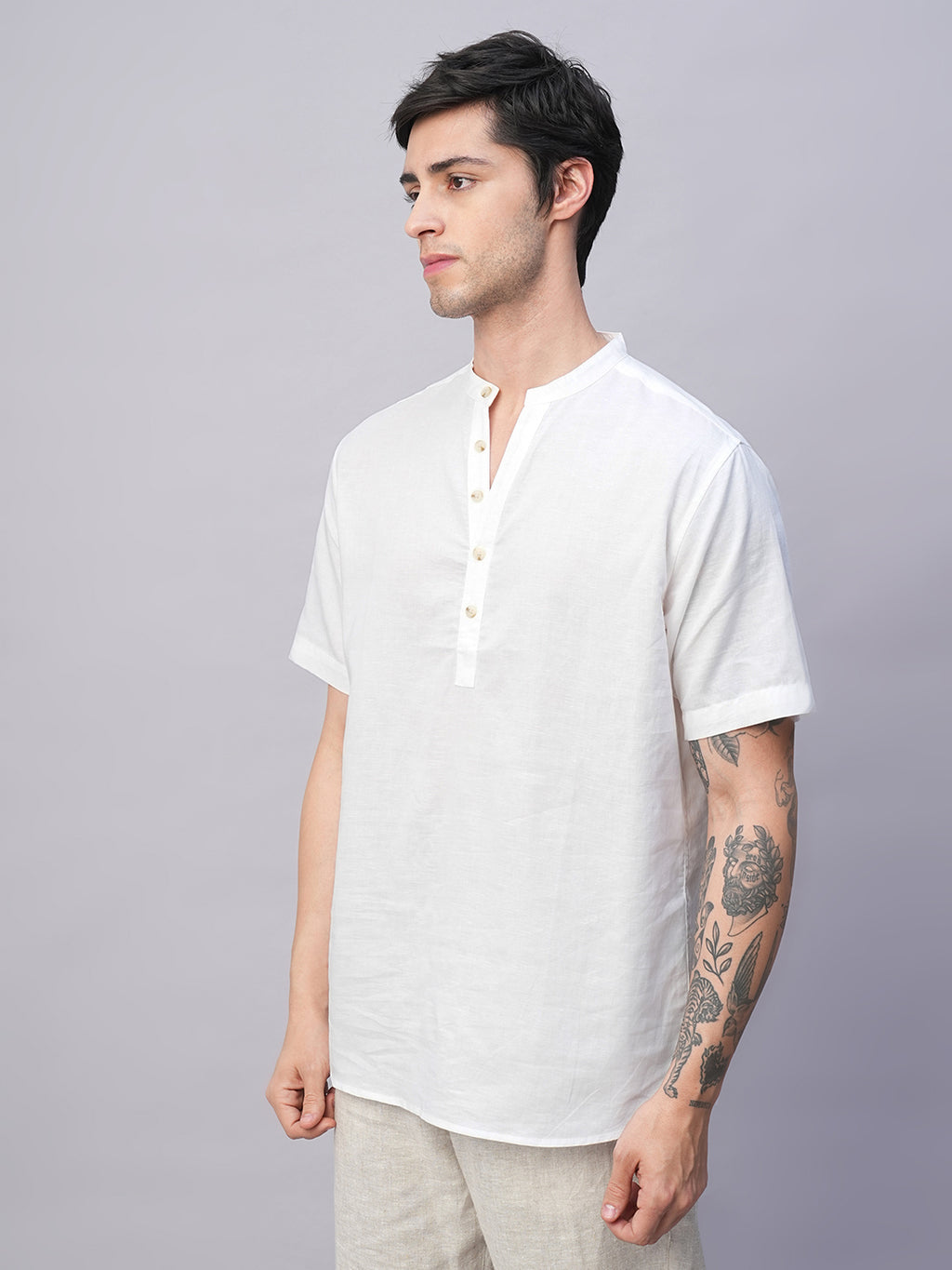 Men's White Linen Cotton Slim Fit Band Collar Kurta Shirt