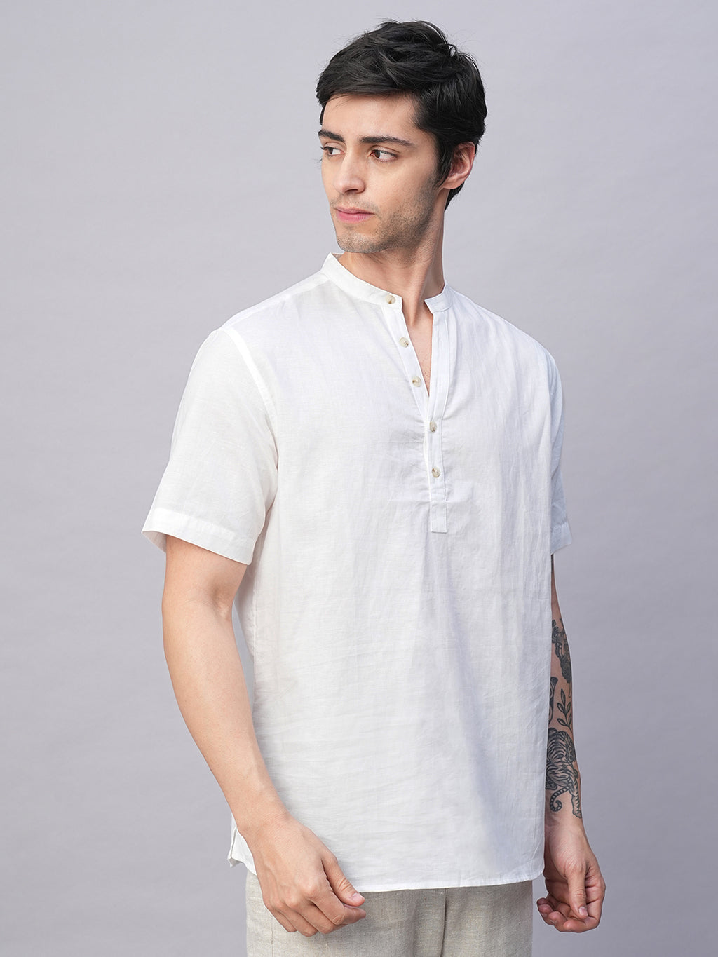 Men's White Linen Cotton Slim Fit Band Collar Kurta Shirt