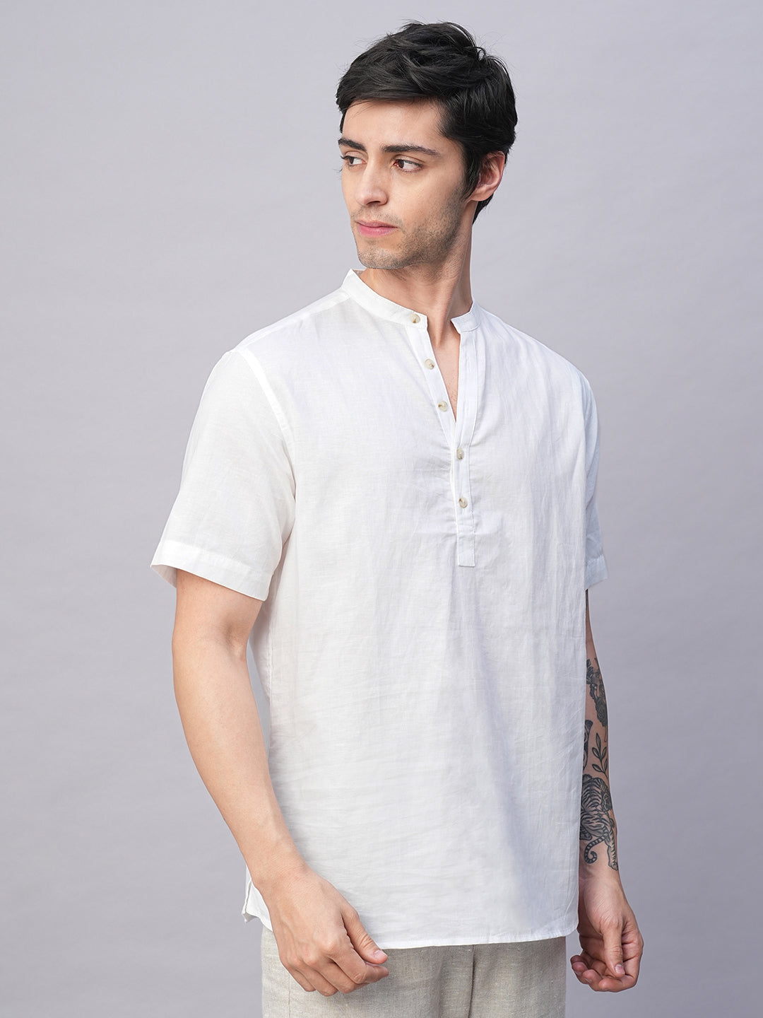 Men's White Linen Cotton Slim Fit Band Collar Kurta Shirt