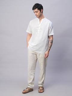 Men's White Linen Cotton Slim Fit Band Collar Kurta Shirt