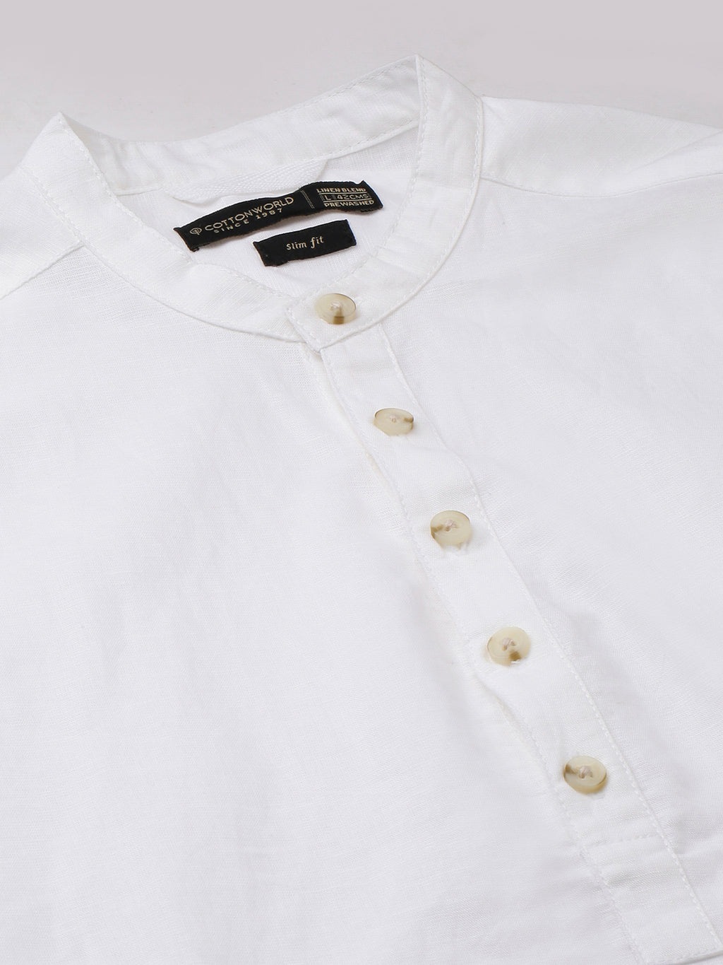Men's White Linen Cotton Slim Fit Band Collar Kurta Shirt