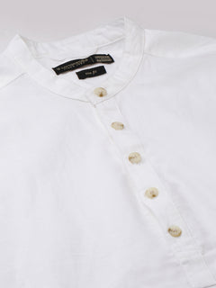 Men's White Linen Cotton Slim Fit Band Collar Kurta Shirt