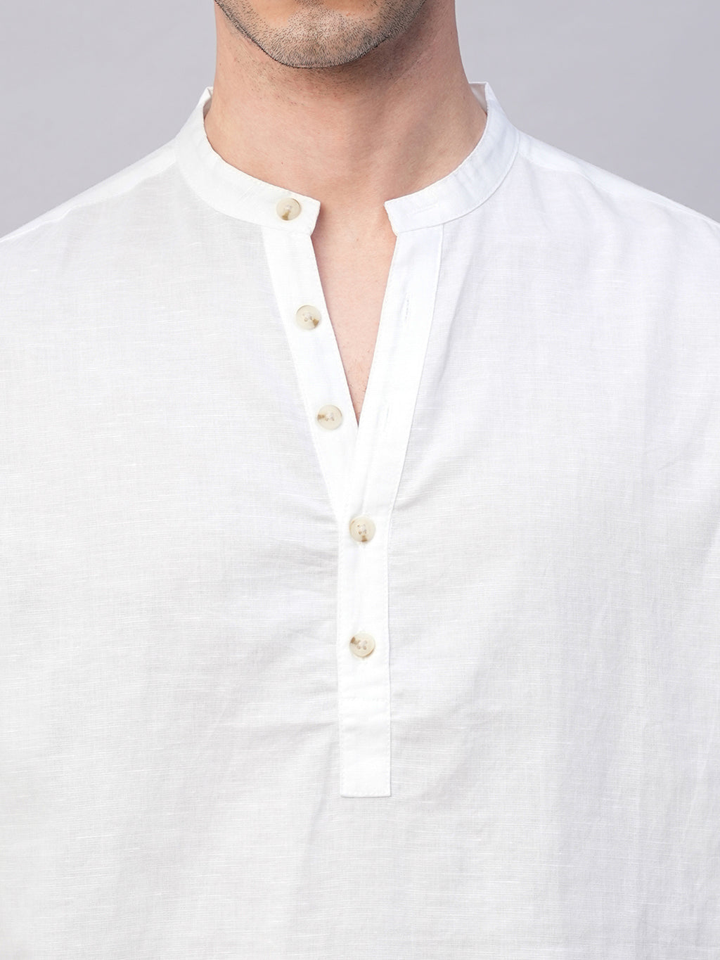 Men's White Linen Cotton Slim Fit Band Collar Kurta Shirt