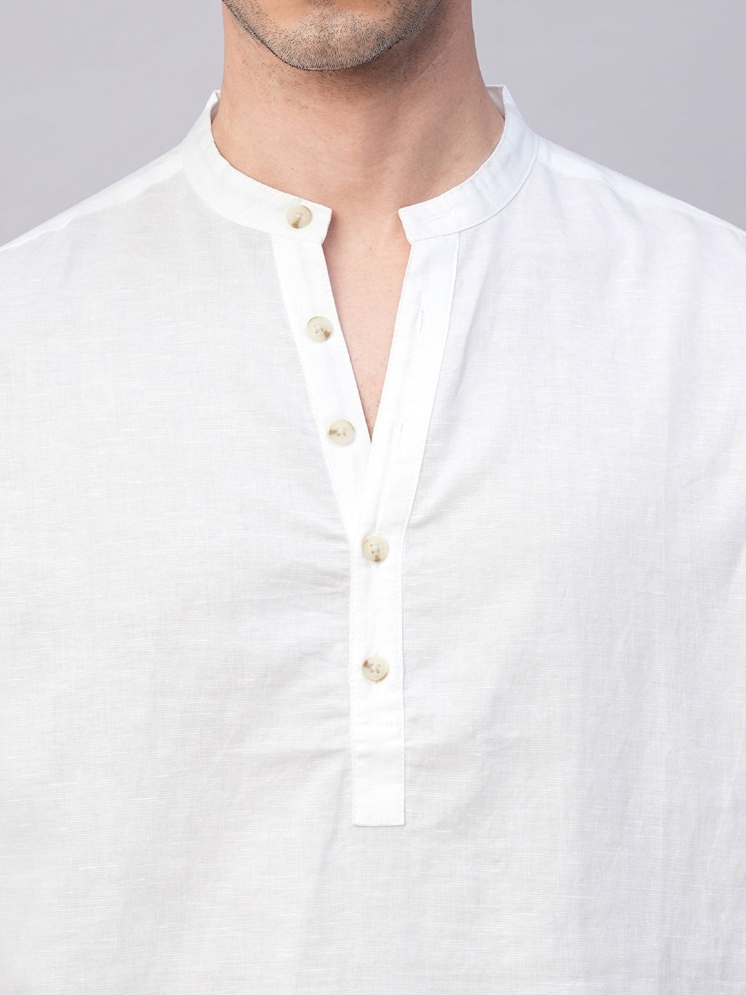 Men's White Linen Cotton Slim Fit Band Collar Kurta Shirt