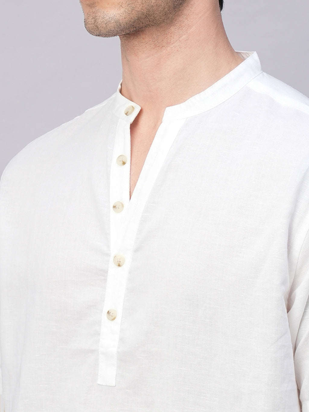 Men's White Linen Cotton Slim Fit Band Collar Kurta Shirt