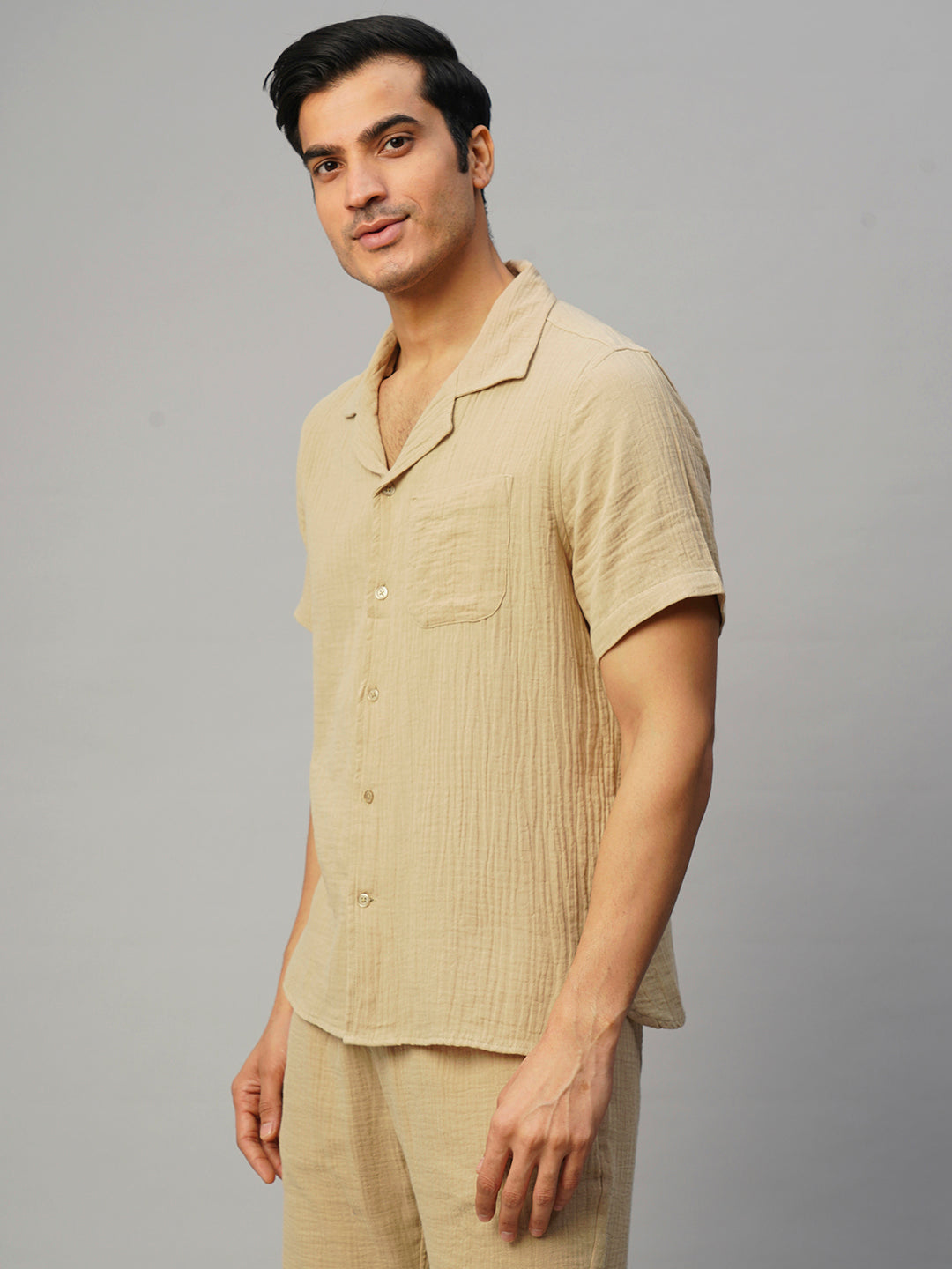 Men's Khaki Cotton Loose Fit Shirt