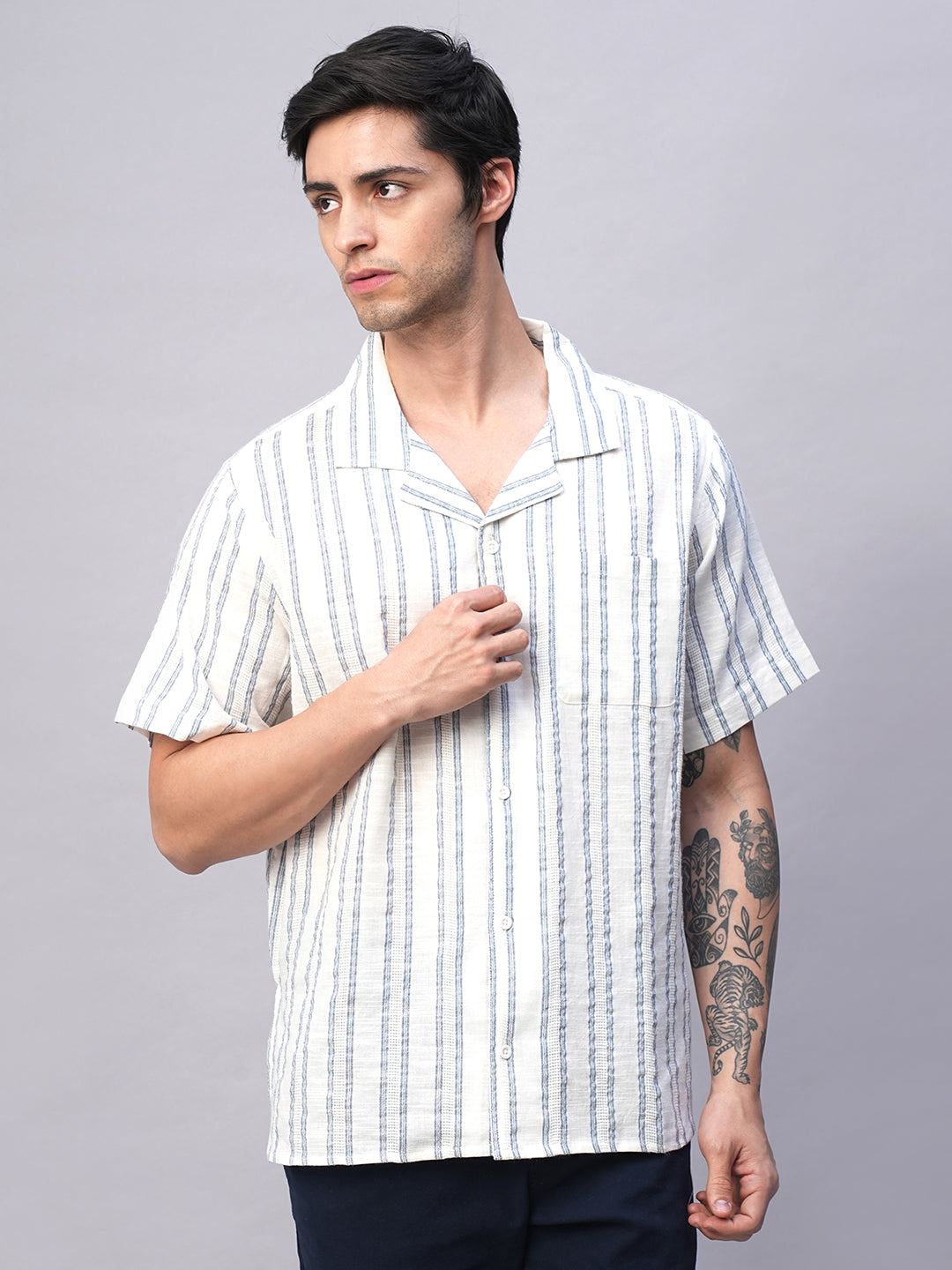 Men's White/Navy 100% Cotton Loose Fit Shirts