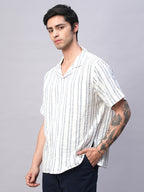 Men's White/Navy 100% Cotton Loose Fit Cuban Collar Shirt