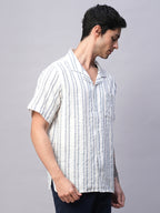 Men's White/Navy 100% Cotton Loose Fit Cuban Collar Shirt