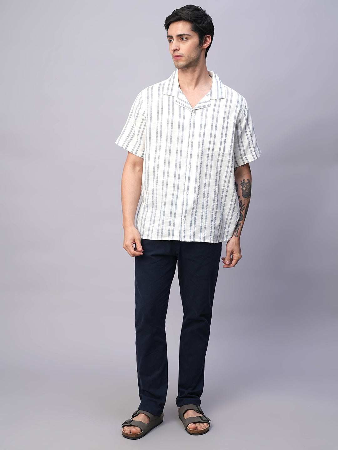 Men's White/Navy 100% Cotton Loose Fit Shirts