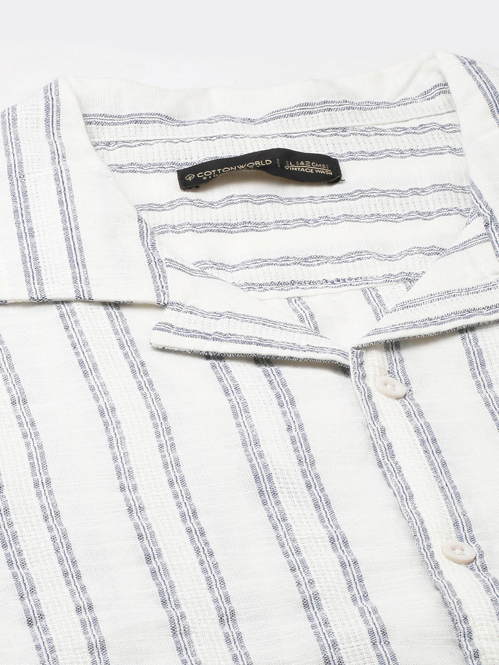 Men's White/Navy 100% Cotton Loose Fit Cuban Collar Shirt
