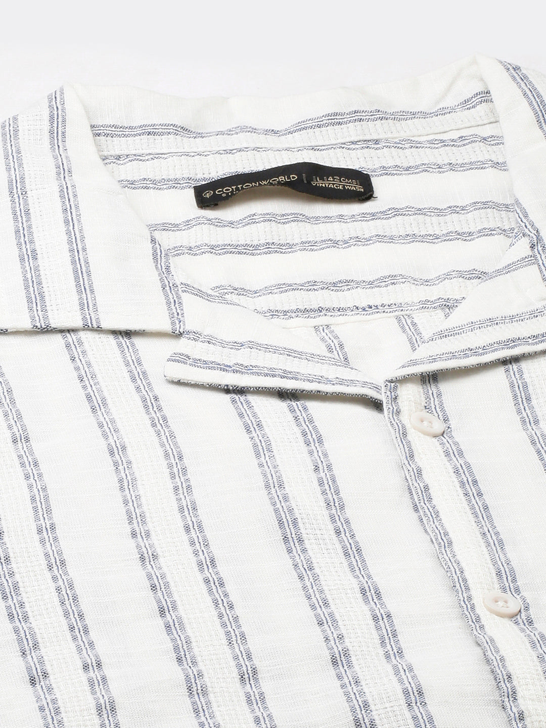 Men's White/Navy 100% Cotton Loose Fit Cuban Collar Shirt