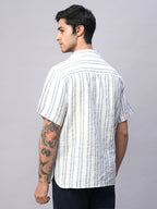 Men's White/Navy 100% Cotton Loose Fit Cuban Collar Shirt